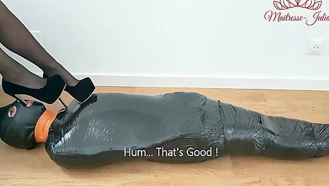 Femdom Mistress Mummified Her Slowly Sissy Slave ! Shoejob Footjob Bondage